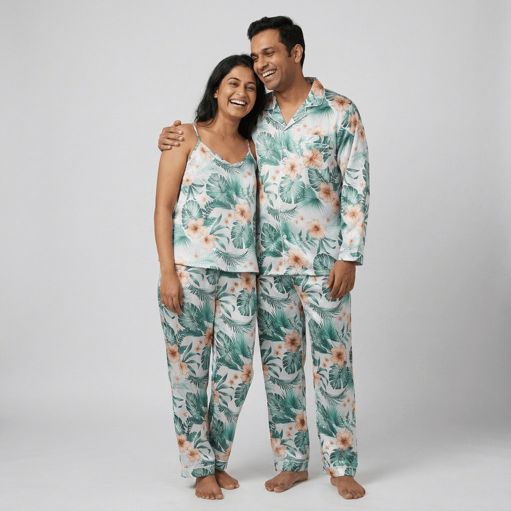 You and your partner in matching Tropical Mood half-sleeve night suit