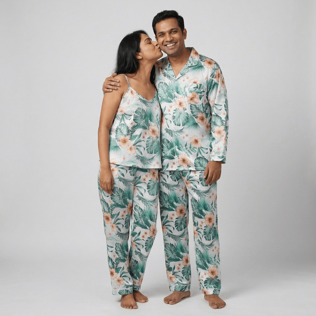 Tropical Mood his and her pajama set worn together