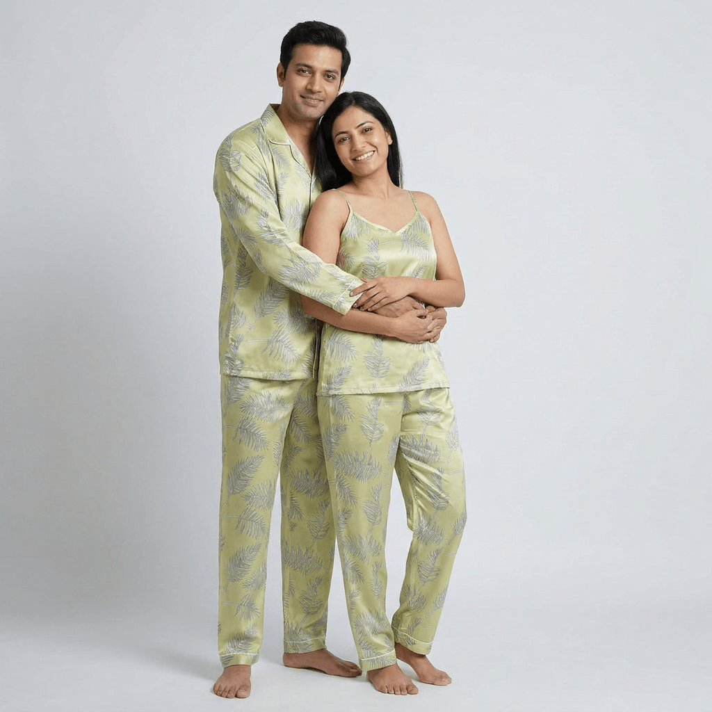 Tropical Vibes matching full-sleeve night suit for husband and wife, styled together