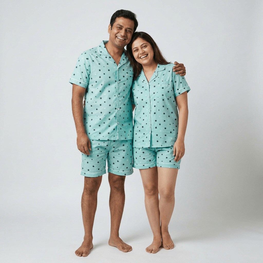 Him and her twinning in Twinkling Stars shorts set by Pajama Tribe