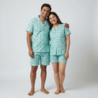 Him and her twinning in Twinkling Stars shorts set by Pajama Tribe