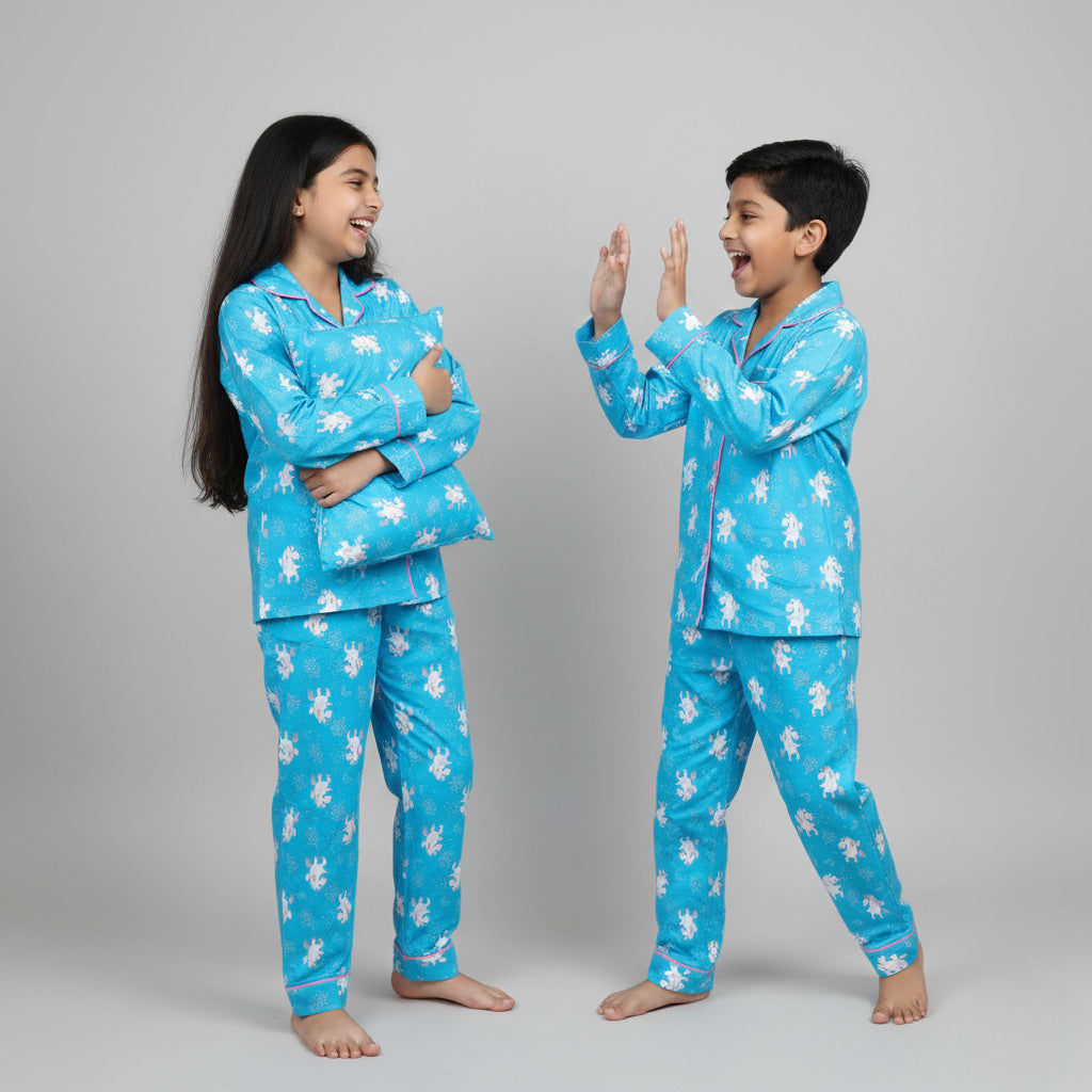 Siblings in Unicorn Blues matching pajamas, blue unicorn print coordinated nightwear.