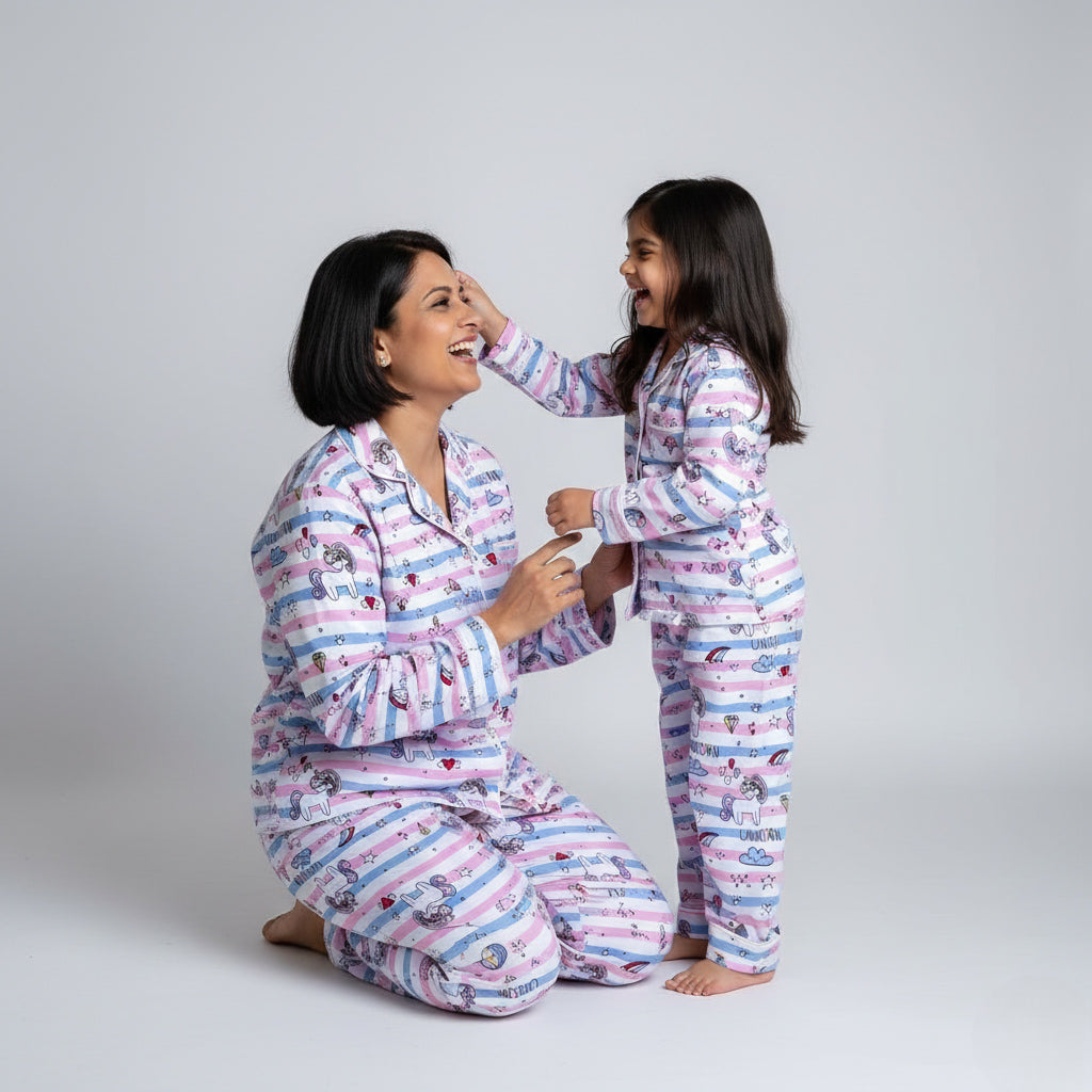 Mother and daughter in unicorn in stripes matching pajama set, fun coordinated print.