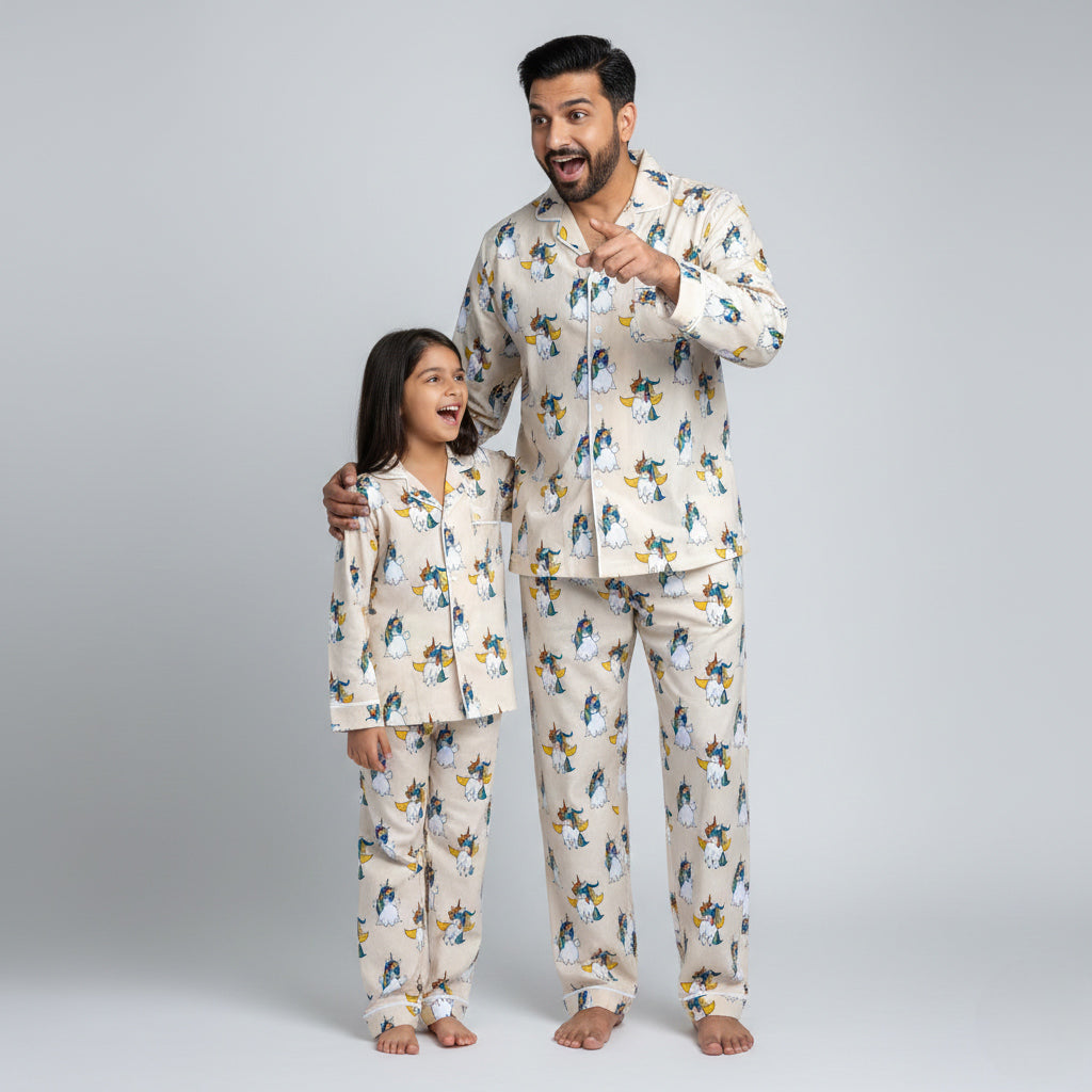 Father and daughter wearing Unicorn Pride matching pajama set, colorful coordinated print.