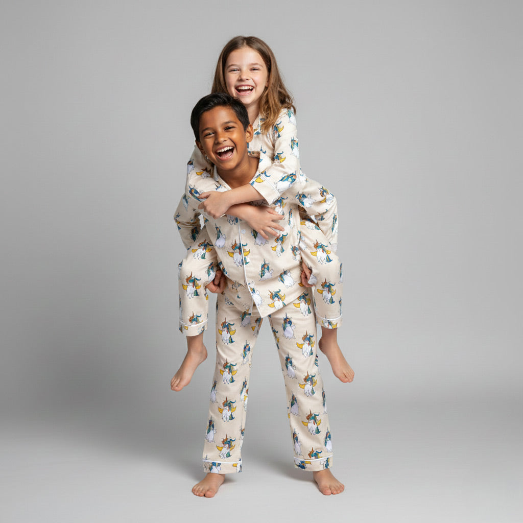 Siblings wearing Unicorn Pride matching pajamas, colourful rainbow print nightwear.