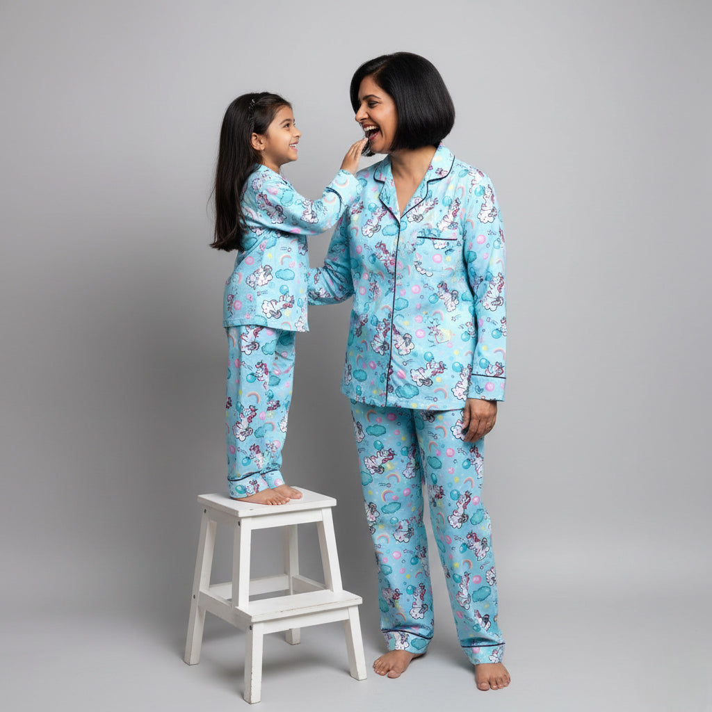Mother and daughter wearing unicorn pride matching pajamas, colourful coordinated design.