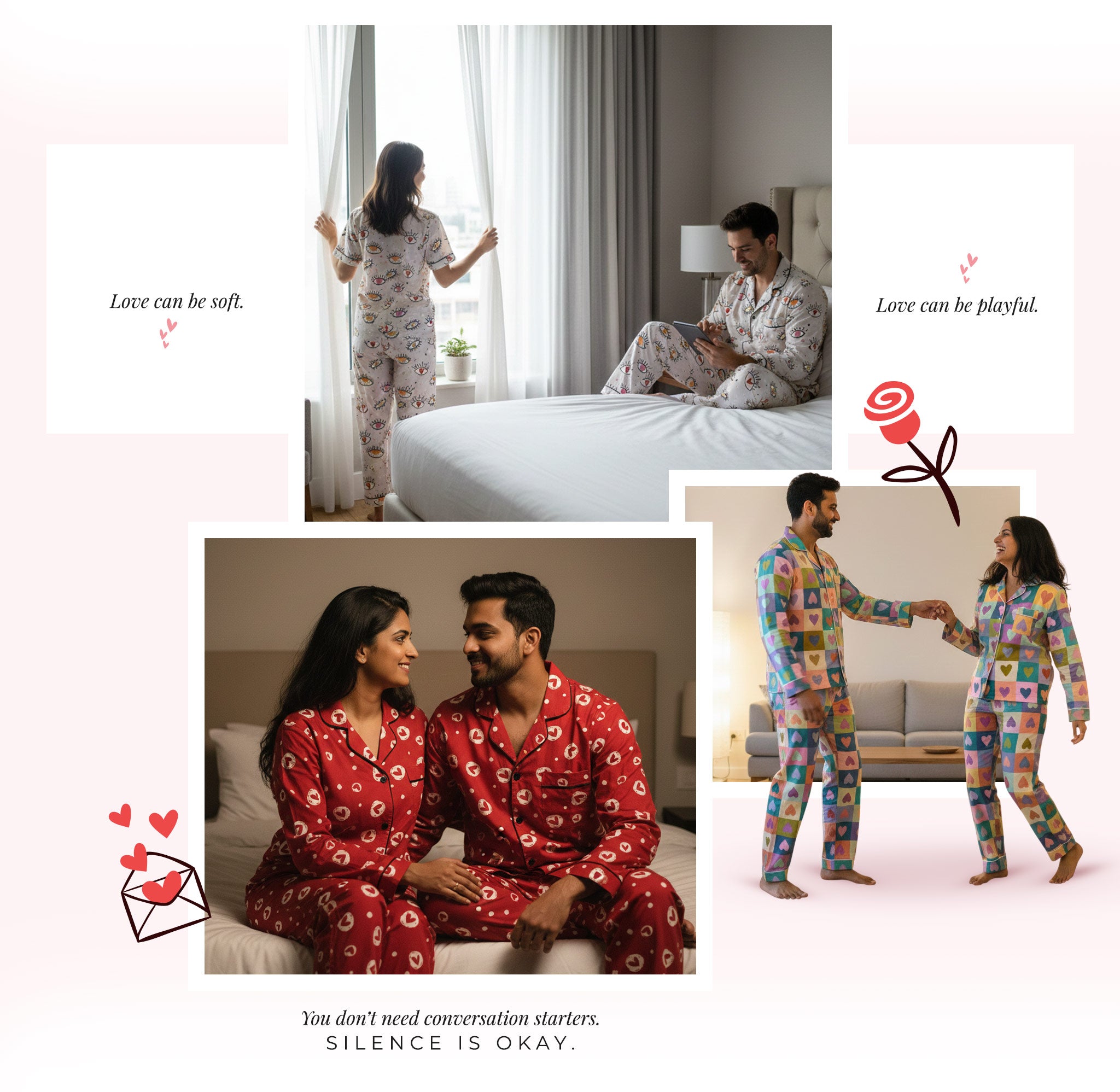 Collage of people wearing cute valentine pajamas in various settings