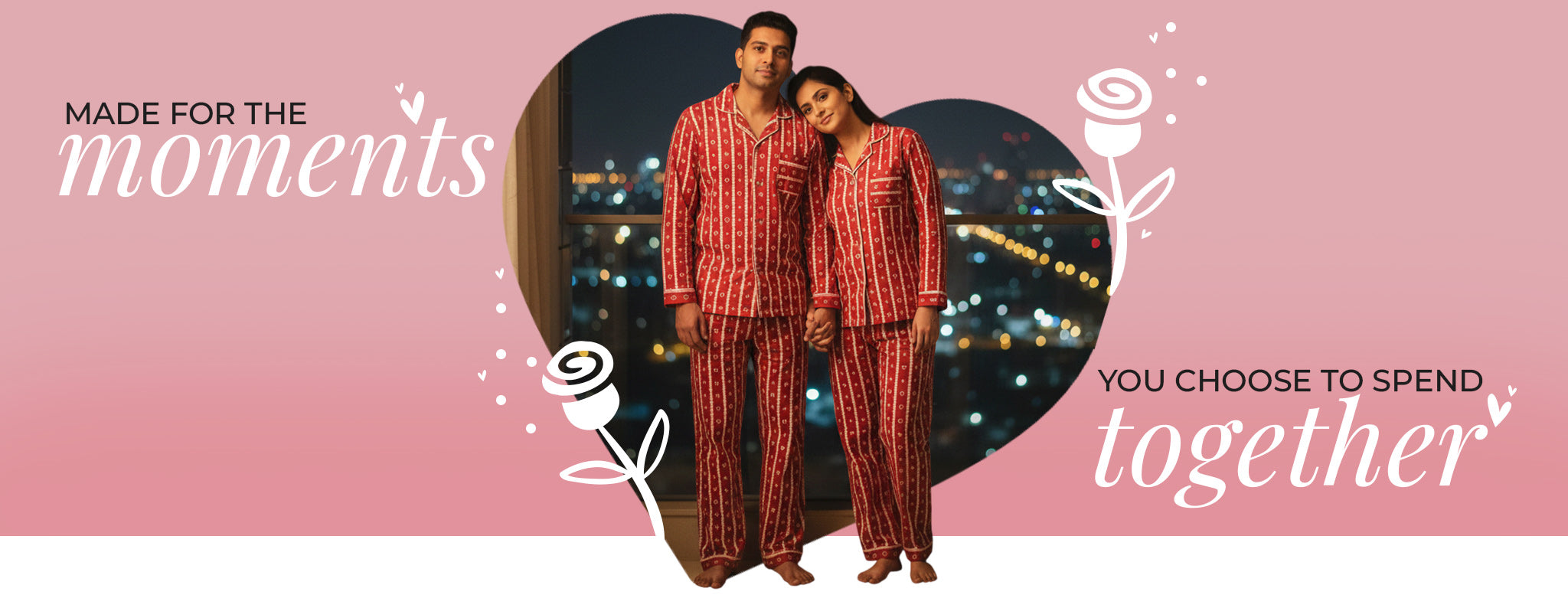 Couple in red pajamas standing together for Valentines Day Celebrations