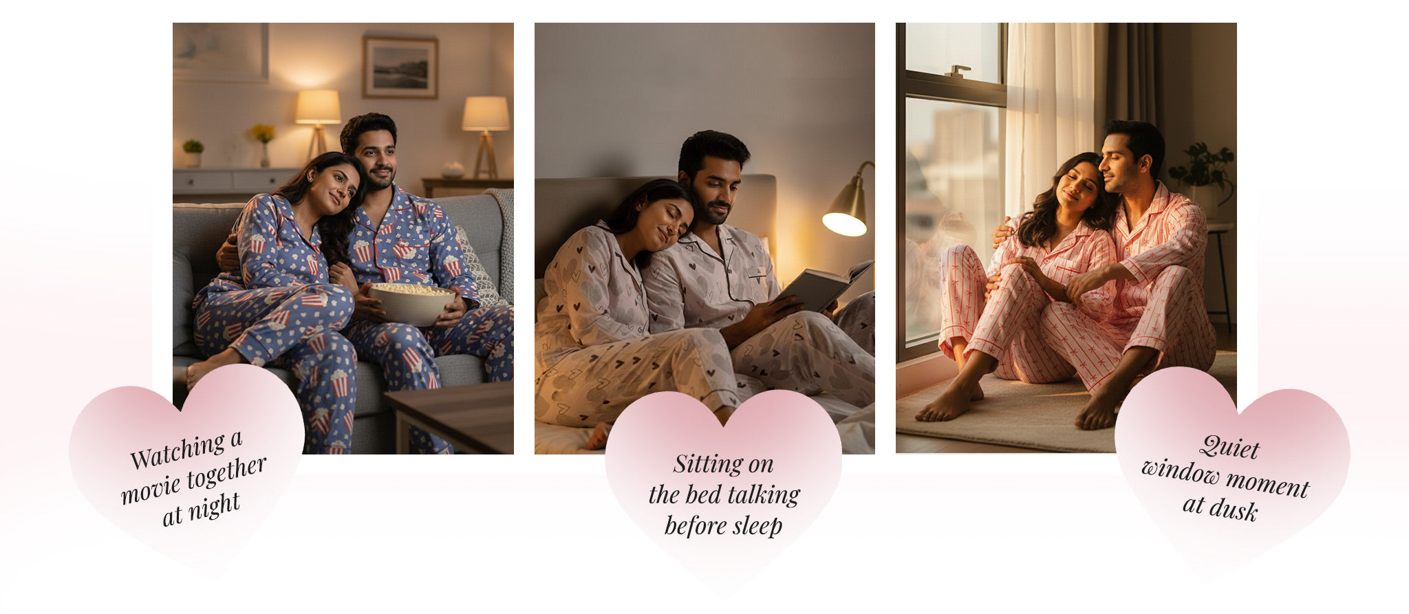 Three scenes of a family in pajamas: watching TV, sitting on the bed, and looking out a window.
