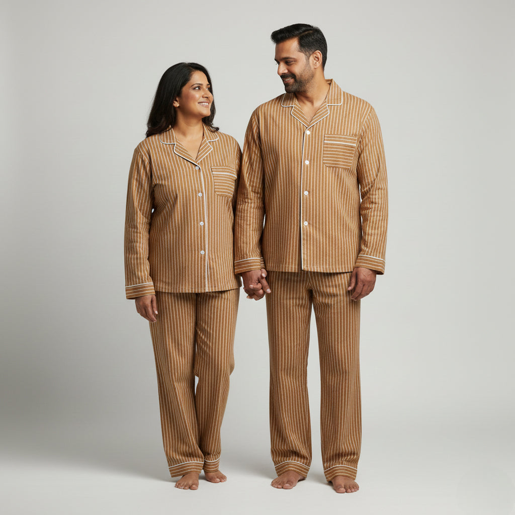 Couple cotton pajamas in warm caramel striped fabric.