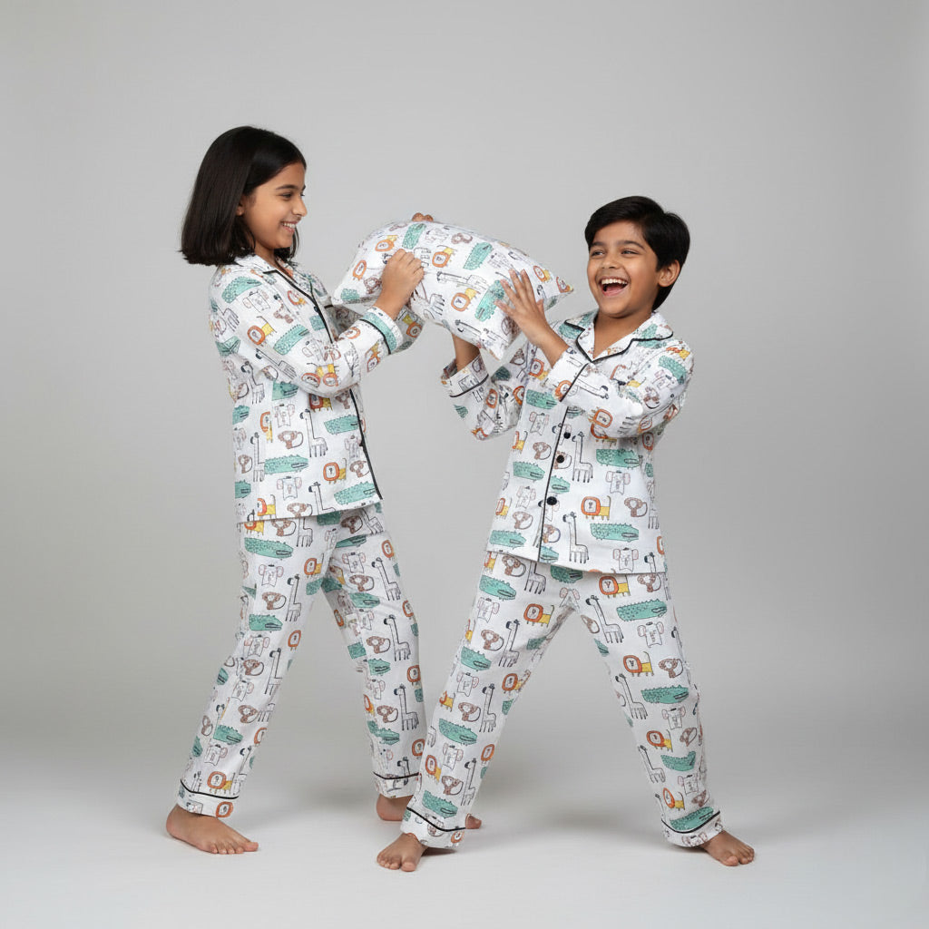 Siblings wearing wild animals print matching pajamas, nature-inspired coordinated set.