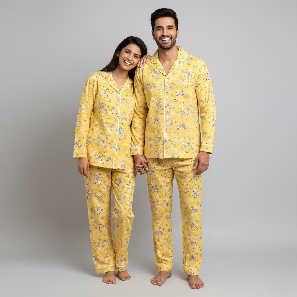 Couple in yellow floral matching pajamas, soft coordinated nightwear.
