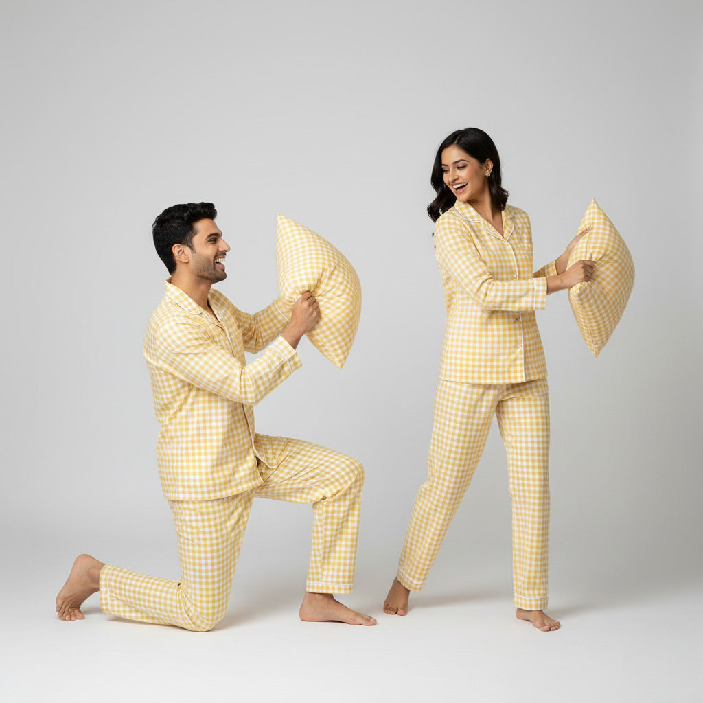 Couple in yellow mini-checks matching pajama set, classic coordinated nightwear.