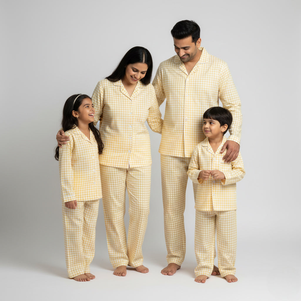Yellow mini gingham print family cotton pajama set