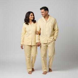 Yellow matching couple pajamas in soft cotton for relaxed evenings