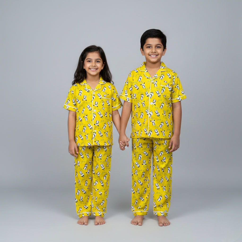 Brother and sister in yellow panda print matching pajamas, cute coordinated set.