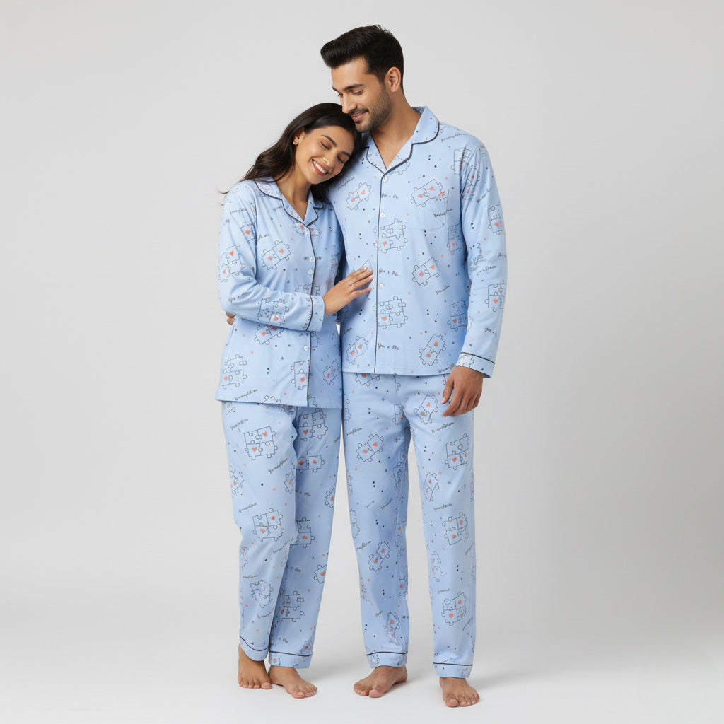 Puzzle print couple matching pajamas with handwritten design details