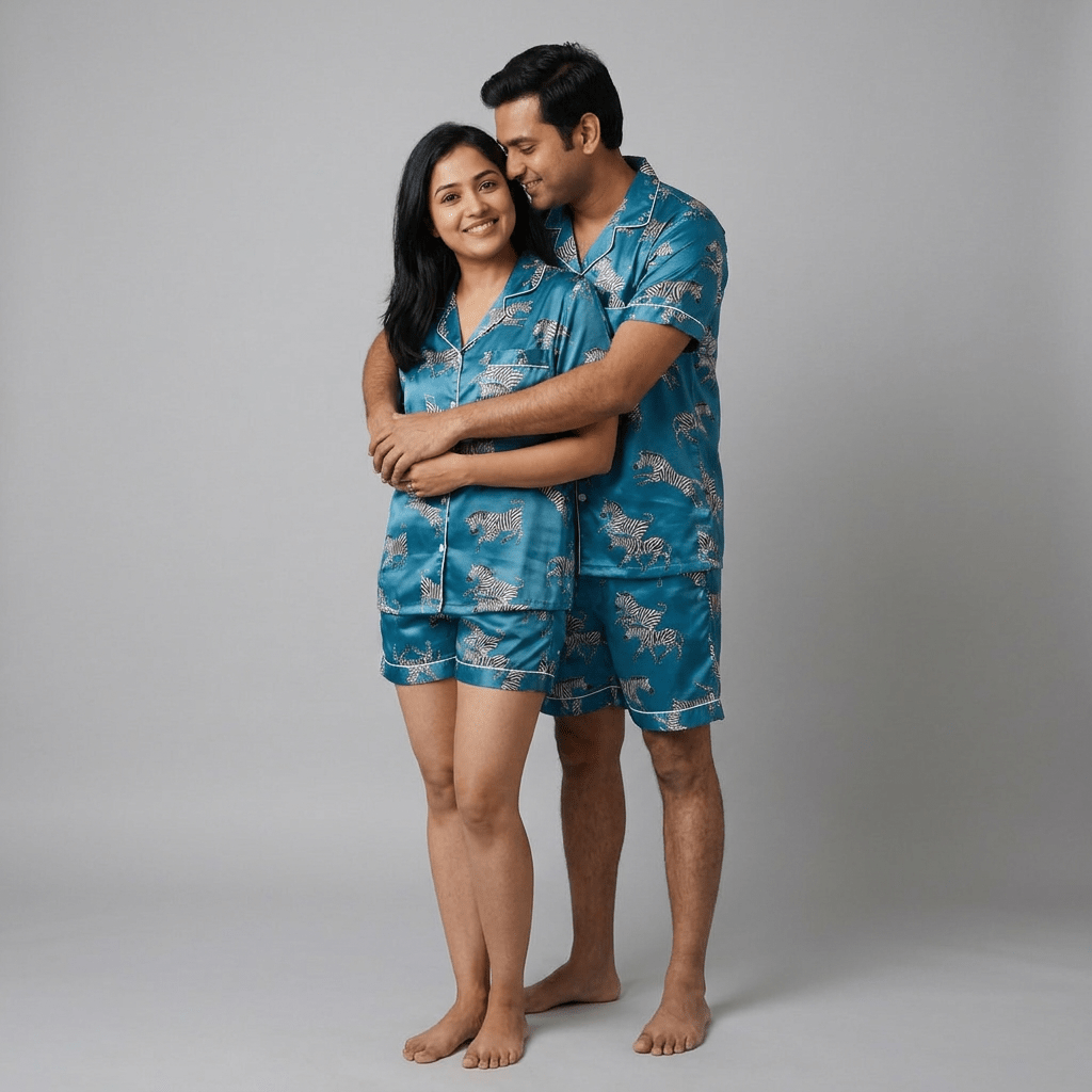Matching Zebra Herd satin shorts set for him and her