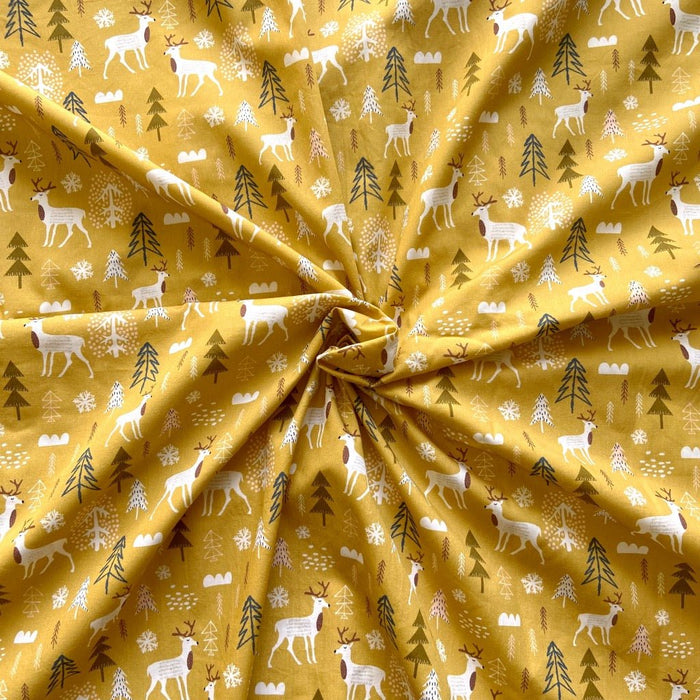 Reindeer in the Jungle cotton fabric for Christmas night suits, kids’ holiday sleepwear and gifting.